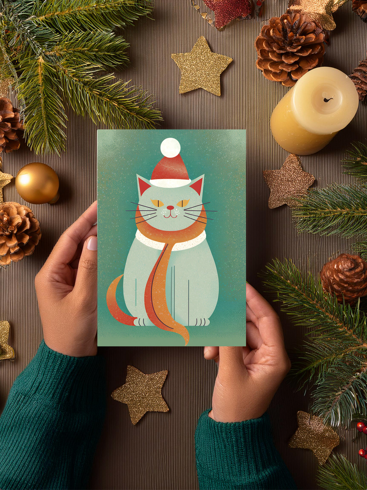 Vertical Fold Holiday Card of a fluffy longhaired cat that reads Merry Christmas